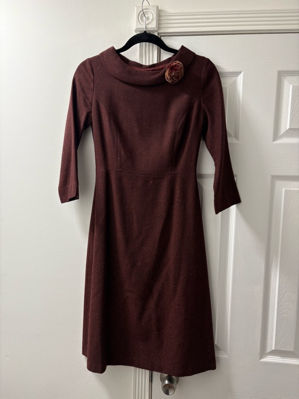 Vintage Iris Brand Women’s Burgundy Sheath Dress with Decorative Brooch